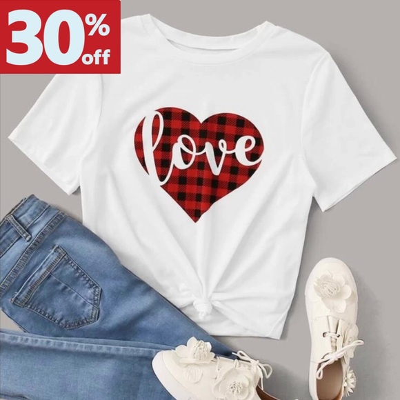 Tops - NEW Women’s Heart and Gingham Print Tee Valentine’s T-Shirt Love Gift Fun Top